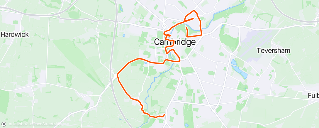 Map of the activity, Cambridge Half Marathon (watch cut out). Time: 01:45:41