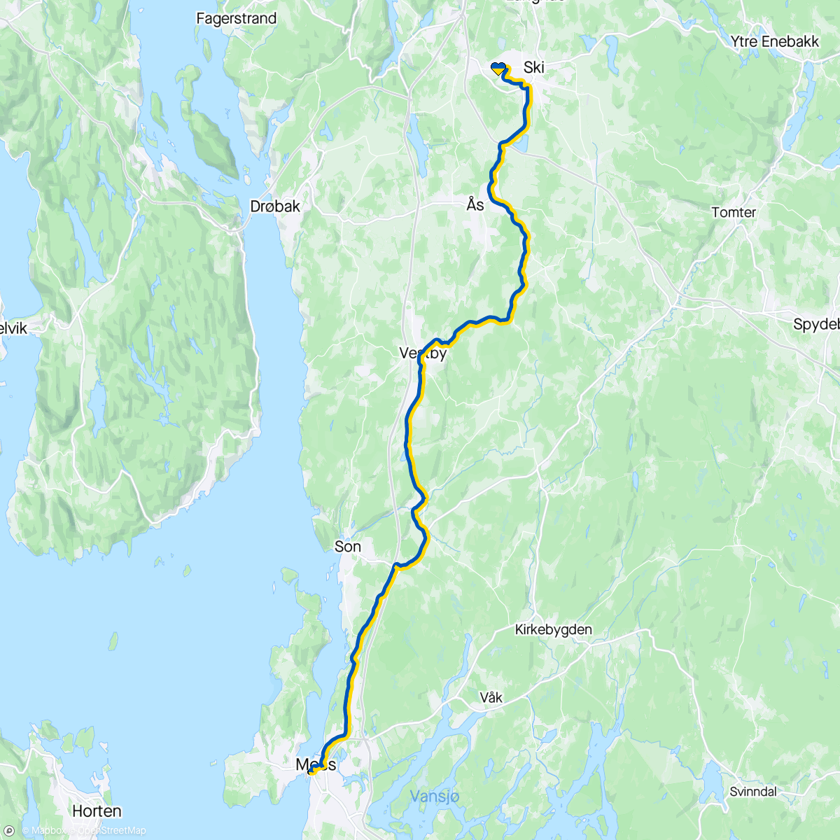 Map of the activity, Søndags-helmaraton - ukas langtur, fra Ski til Moss