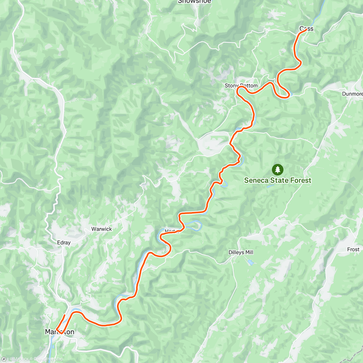 Map of the activity, Greenbrier River Trail (Day 2)