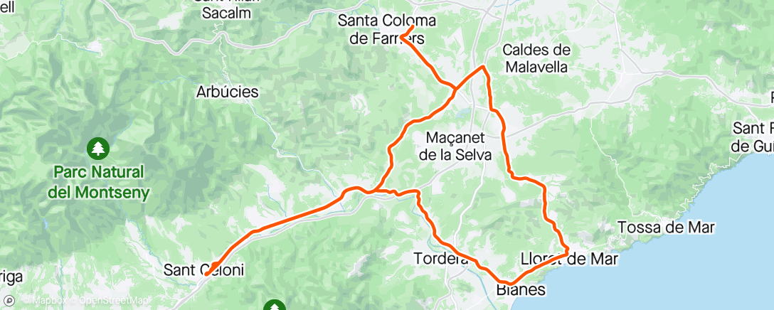 Map of the activity, 29,2 KM/H... Sólo Contra viento Y marea..🥵🚴
SCeloni-Lloret-Sta. Coloma de Farners-SCeloni