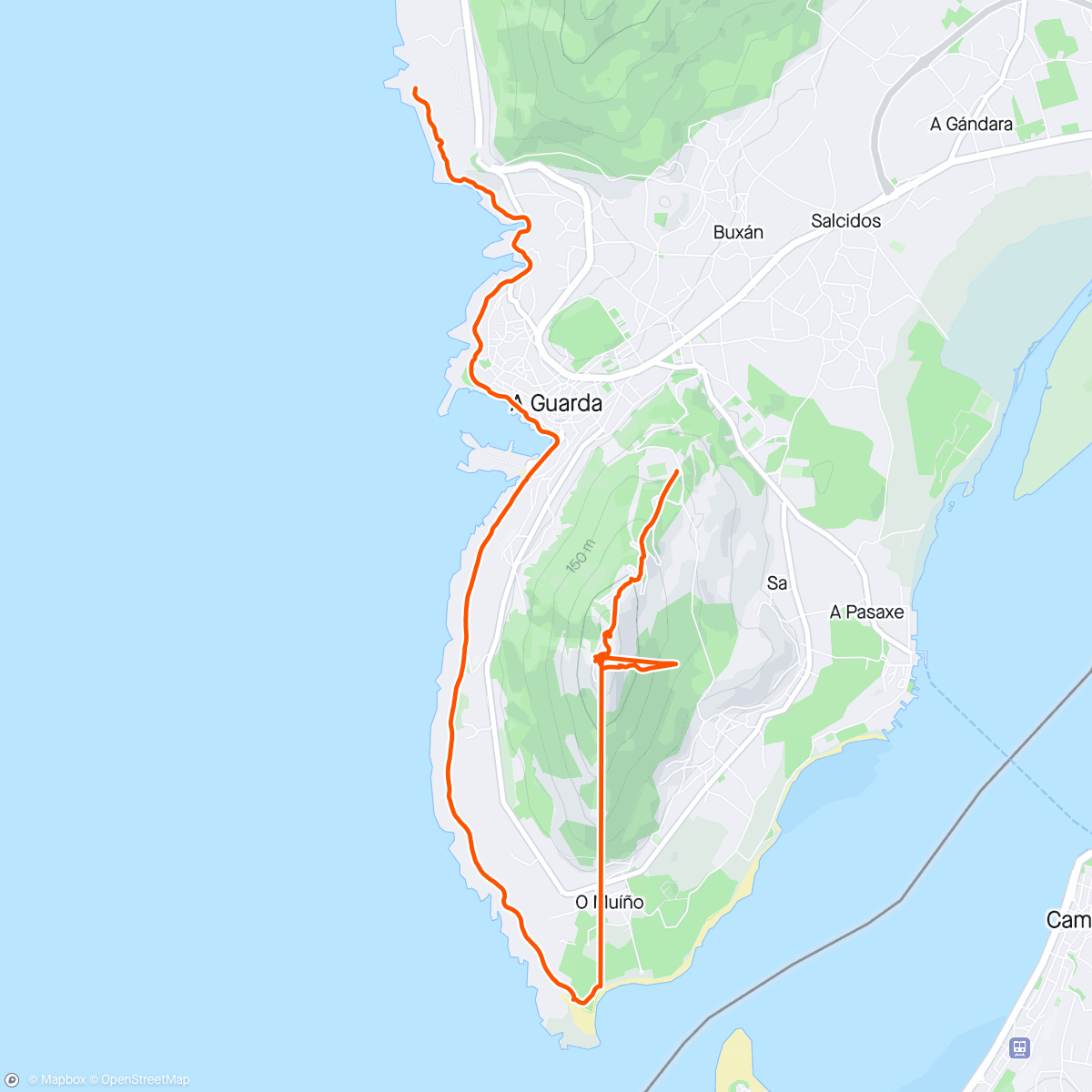 Map of the activity, Day 3: Santa Tecla to La Guardia in Portugal, then A Guarda to Cetáreas in Spain
