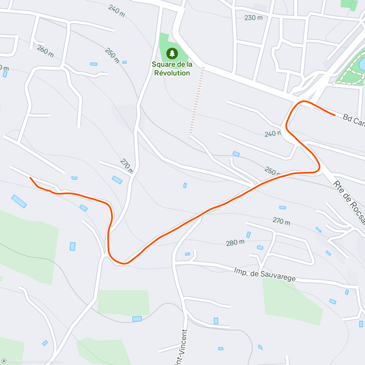 Map of the activity, Thomas qui me dit “y’a au moins 100 mètres de D+ là” 🥵