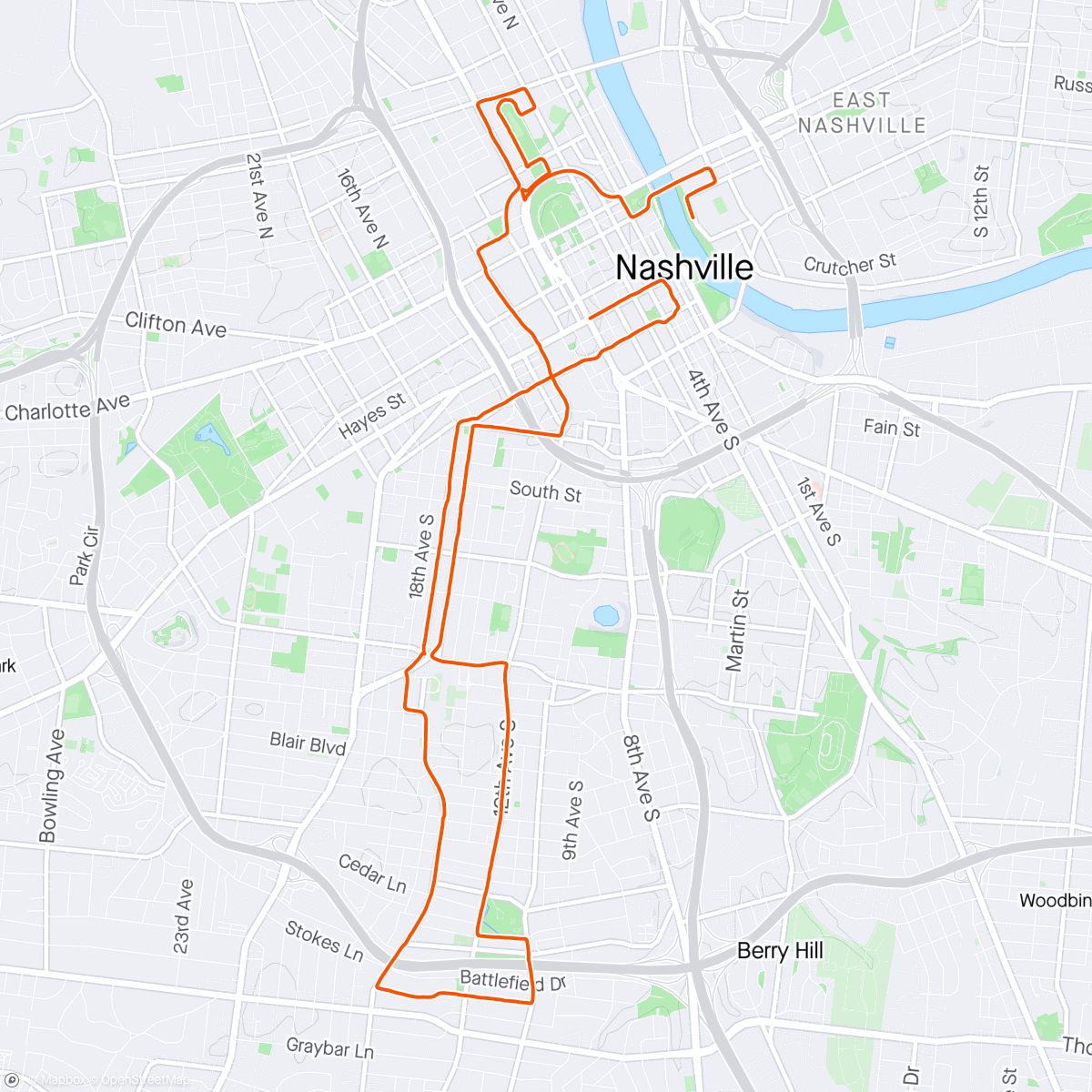 Mapa de la actividad (Rock N Roll Nashville Half Marathon)