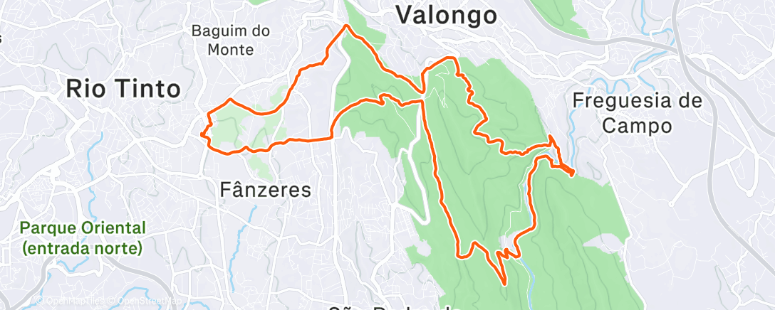Map of the activity, Montezelo - Sanatorio Montalto - Silveirinhos - Couce - Fragas do Castelo - Fraga do Teto - Vale da Tranquilidade - Fojo das Valerias - Fojo das Pombas - Moinho - Senhora dos Chãos - Seixo