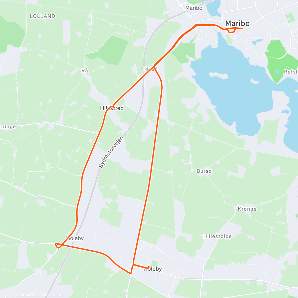 Map of the activity, Holeby – Hillested – Maribo