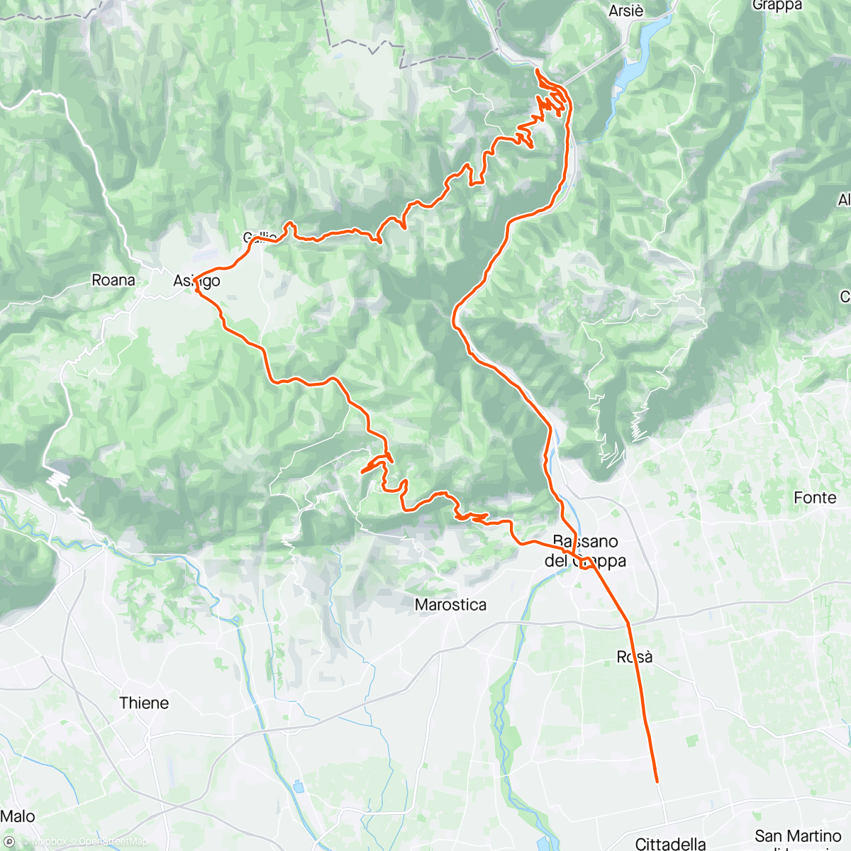 Map of the activity, Giro Cittadella Bassano Enego Asiago