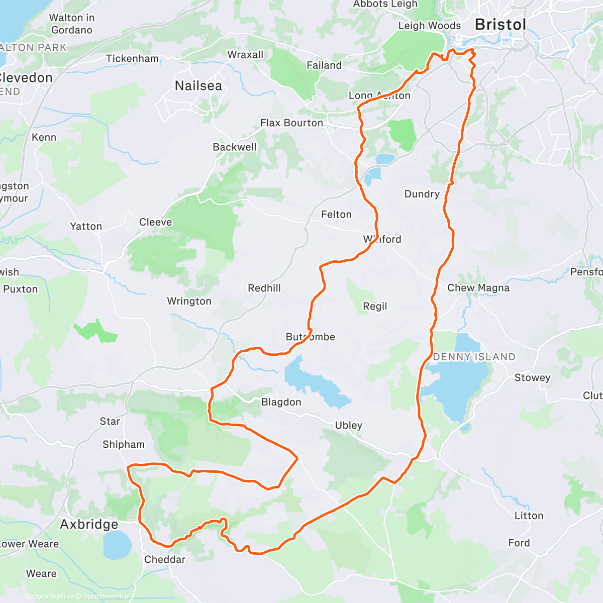 Map of the activity, Morning Ride mendips Burrington Cheddar. Cold!