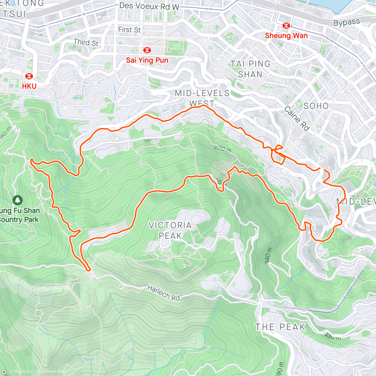 Map of the activity, Adventure from the doorstep. Climbing the direct road up the Peak with Paul