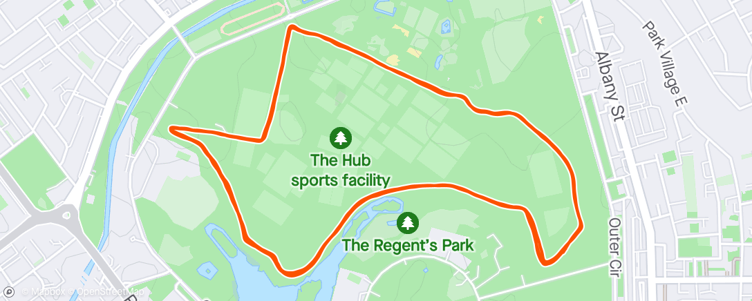 活动地图，10k race round Regents Park… Pretty cool one do, nice and flat and only 300 or so runners - definitely recommend !! First 10k by twin one Katie 😊❤️❤️
