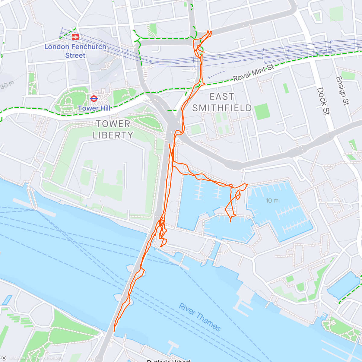 Map of the activity, Back again at Tower Bridge..Walk to the hairdressers from the hotel